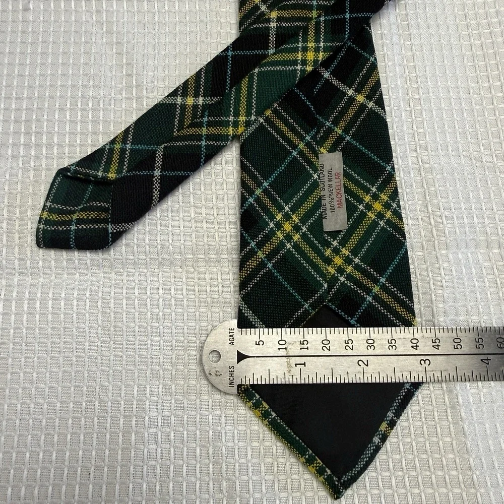 Vintage Mackellar Necktie Tie Green Yellow Tartan Plaid 100% Wool Scottland Frat